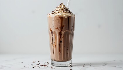 Tall glass of chocolate milkshake topped with whipped cream, isolated on white background