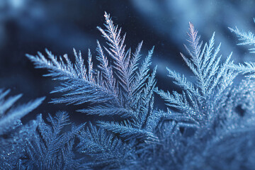 Frost macro texture. Ice crystals on glass. Cool blue tones. Detailed winter background. New Year. Frost and cold.