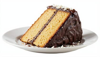 Slice of moist cake with glossy chocolate glaze and shredded cheese on white plate, isolated on white background