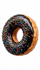 A donut with black frosting and colorful sprinkles, isolated on white	