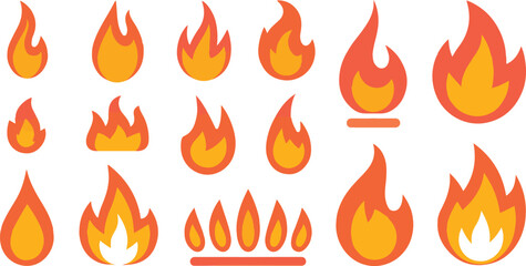 Fire flame icon collection for hot burning concept isolated flat vector illustration set
