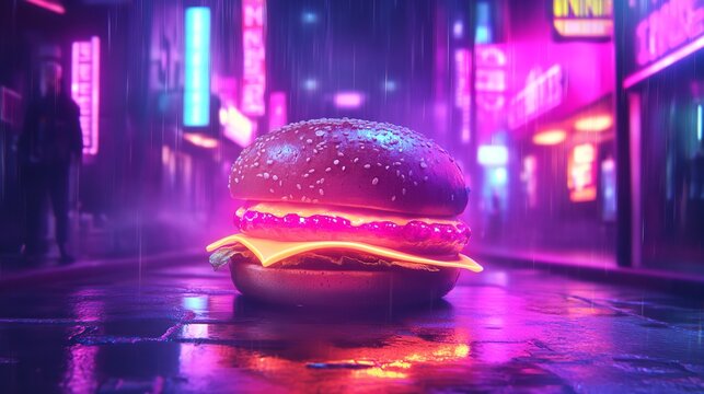 A burger floats in a futuristic cyberpunk city street with neon lights and reflections on the wet ground