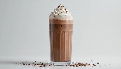 glass of chocolate milkshake topped with whipped cream, isolated on white background