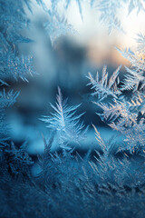 Frost macro texture. Ice crystals on glass. Cool blue tones. Detailed winter background. New Year. Frost and cold.
