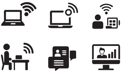 Remote Work and Online Communication Icons – Laptop, WiFi, and Virtual Meeting Symbols