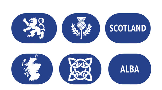 WebCollection of scottish symbols, including lion rampant, thistle and alba text