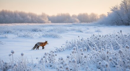 Majestic red fox gracefully walks through a serene winter landscape at dawn, its fur glowing in the soft, warm light.