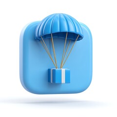 3D Parachute and Package Icon: Modern Express Shipping App Graphic on a Light Background