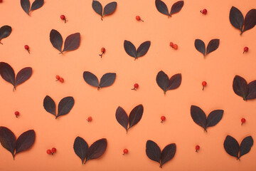 Floral pattern of flowers and roses, green leaves, branches on beige background. Flat layer, top view. Valentine's background. Floral pattern. Floral pattern. Floral pattern texture