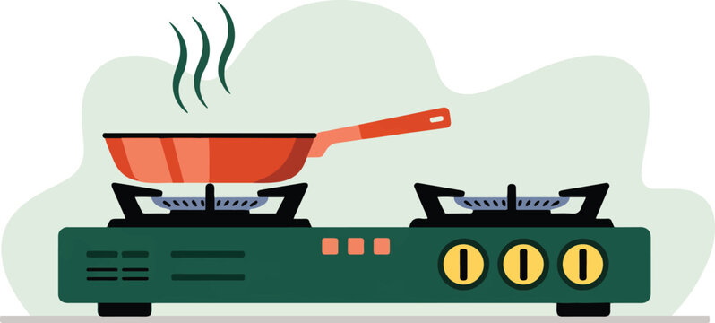 Frying pan cooking on a gas stove burner with steam kitchen appliance flat vector illustration