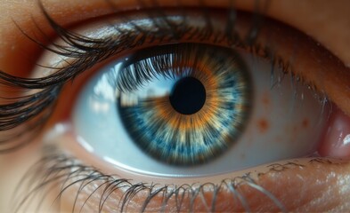Fototapeta premium Macro Close-up of Blue and Brown Human Eye, Detailed Iris and Pupil Reflection
