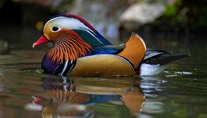 Mandarin Duck with Multicolored Plumage Swimming in Calm Water Symbolizing Ornamental Wildlife and Editorial Styling for Nature and Lifestyle Use