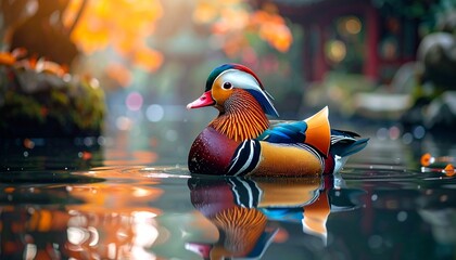 Mandarin Duck with Multicolored Plumage Swimming in Calm Water Symbolizing Ornamental Wildlife and Editorial Styling for Nature and Lifestyle Use