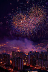 New Year's Eve night sky with fireworks exploding over the city. Bright colors and a festive atmosphere. Cityscape view.