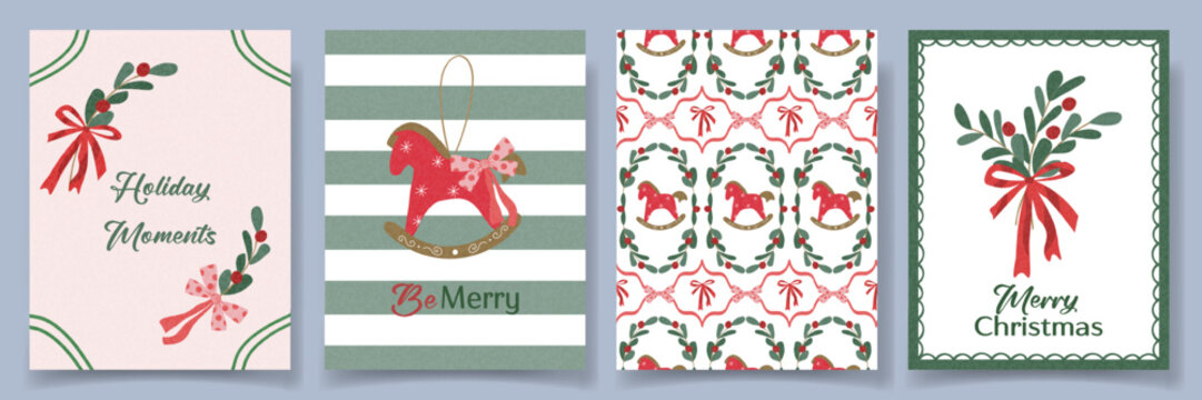  Christmas and New Year card, posters and seamless pattern set with mistletoe, trendy red and pink bows ribbon in coquette style, xmas rocking horse ornament and typography. New Year flyers, covers
