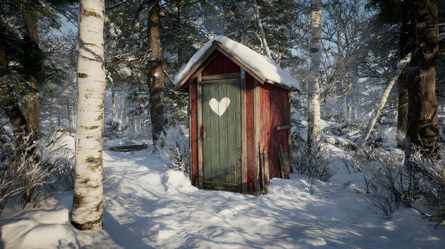 Charming rustic wooden outhouse in snowy forest clearing with heart detail