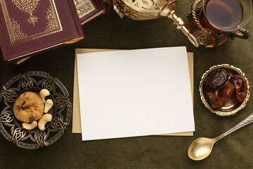 Book Quran Ramadan. Lantern for the Muslim holy month of Ramadan Karim. Decorative holiday lamp, Islamic prayer mat for namaz. Symbol of fasting sawm, white card, picture for your text