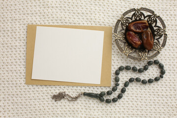 Book Quran Ramadan. Lantern for the Muslim holy month of Ramadan Karim. Decorative holiday lamp, Islamic prayer mat for namaz. Symbol of fasting sawm, white card, picture for your text