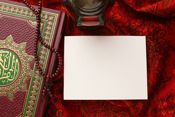 Book Quran Ramadan. Lantern for the Muslim holy month of Ramadan Karim. Decorative holiday lamp, Islamic prayer mat for namaz. Symbol of fasting sawm, white card, picture for your text