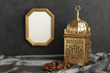 Book Quran Ramadan. Lantern for the Muslim holy month of Ramadan Karim. Decorative holiday lamp, Islamic prayer mat for namaz. Symbol of fasting sawm, white card, picture for your text