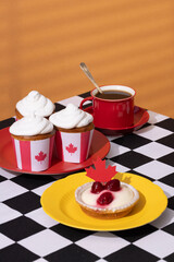 Canada Day traditional food concept. A girl in a classy cafe eats in Canada. Breakfast and lunch.