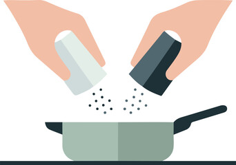 Hands seasoning food in a pot with salt and pepper shakers for cooking process concept flat vector illustration