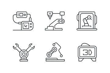 Illustration of six different robotic and manufacturing technology icons set up