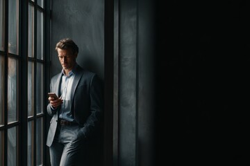 Solitude & Contemplation: A man dressed in a business suit stands near a window, engrossed in his phone. The dark background creates a sense of introspection and focus.