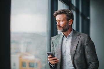 Contemplative Executive: A focused, sophisticated executive gazes pensively out of a large window, embodying quiet confidence, holding his phone, in an office environment.