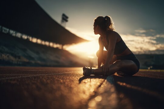 Athlete's Dawn: A female athlete stretches before a race at dawn, silhouetted against a golden sunrise. The track and stadium evoke the pursuit of athletic excellence.