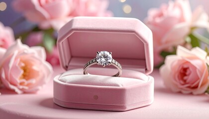 Diamond Engagement Ring in Velvet Box with Roses Symbolizing Love and Editorial Styling for Romance and Lifestyle Use