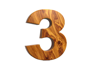 3d wooden number 3 on white background PNG