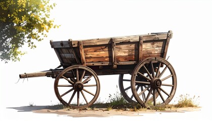 Fototapeta premium Old wooden wagon with spoked wheels and weathered texture on grassy patch for editorial rural photography vintage transport decor and poetic endurance-themed visuals