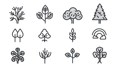 Naklejka premium Minimalist black line icons set representing various types of trees, plants, leaves, and a rainbow symbol in flat vector style for ecology and environment concepts