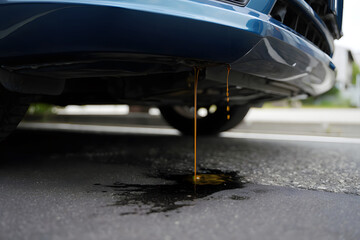 Car with Engine Oil Leak on the Ground &ndash; Vehicle Maintenance Scene
