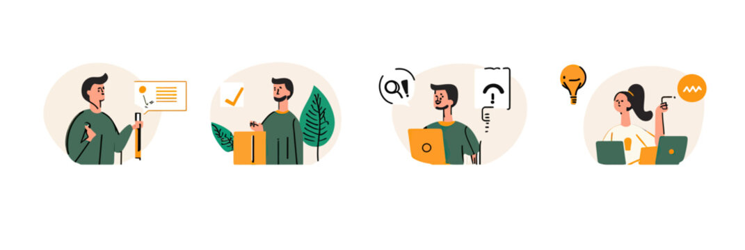 Customer support service interaction with question answer icons laptop and communication concepts flat vector illustration set for helpdesk assistance and FAQ solutions