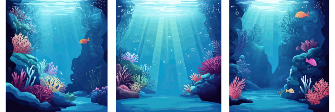 Underwater ocean scene with colorful coral reefs fish and sunlight rays in blue sea water background vector triptych illustration