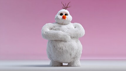A cartoon snowman with a carrot nose and a stick in his right hand. He is standing on a white background