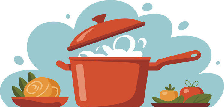 Hot boiling pot with steam and fresh ingredients for cooking soup or meal flat vector illustration