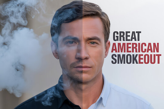 Man's transformation from smoking to health, symbolizing the Great American Smokeout, a powerful campaign for quitting, health, and wellness journey