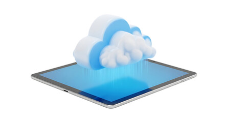 3D rendered white and blue cloud, emitting light rays onto a silver tablet screen, PNG isolated on white or transparent background