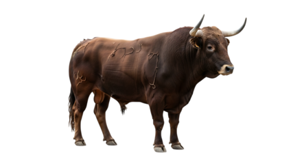 Muscular brown bull, with curved horns and rope markings on its flank, PNG isolated on white or transparent background