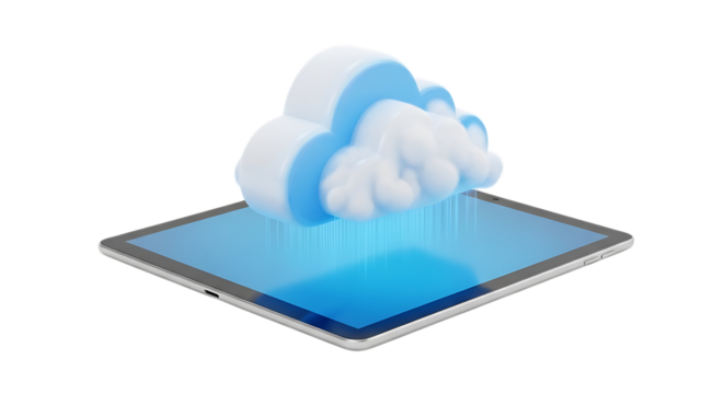 3D rendered white and blue cloud, emitting light rays onto a silver tablet screen, PNG isolated on white or transparent background