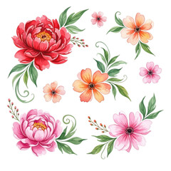 Obraz premium Beautiful watercolor floral arrangement with pink and coral peonies and daisies isolated on transparent background