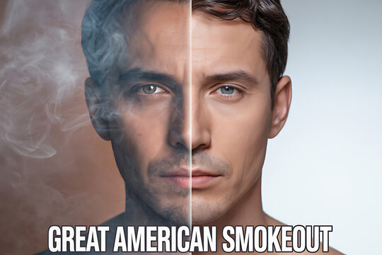 Man's face showing before and after smoking effects, promoting anti-smoking campaign for a healthier lifestyle and the benefits of quitting cigarettes