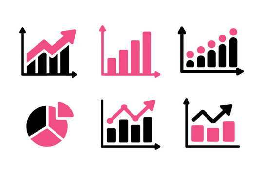 Collection of six different types of business charts and graphs in pink and black