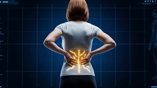 Woman clutches lower back in pain. Glowing lumbar spine and nerve shown on back. Medical display highlights anatomy and pain source. Patient seeks treatment and spine care. Chronic pain management.