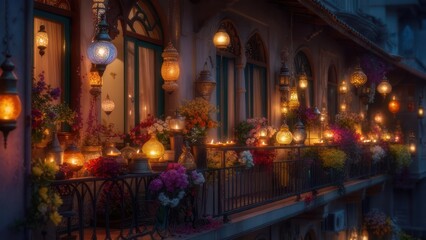Fototapeta premium Evening shot of a balcony adorned with glowing lanterns and colorful flowers