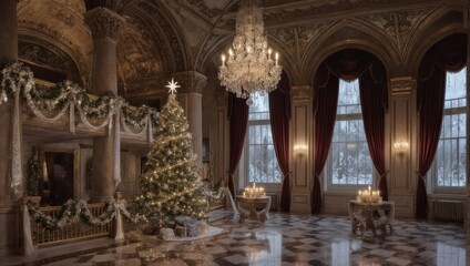 Opulent ballroom, decorated for Christmas, features a lit tree, ornate decor, and large windows