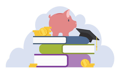 Education fund concept. Piggy bank with graduation hat and stack of books